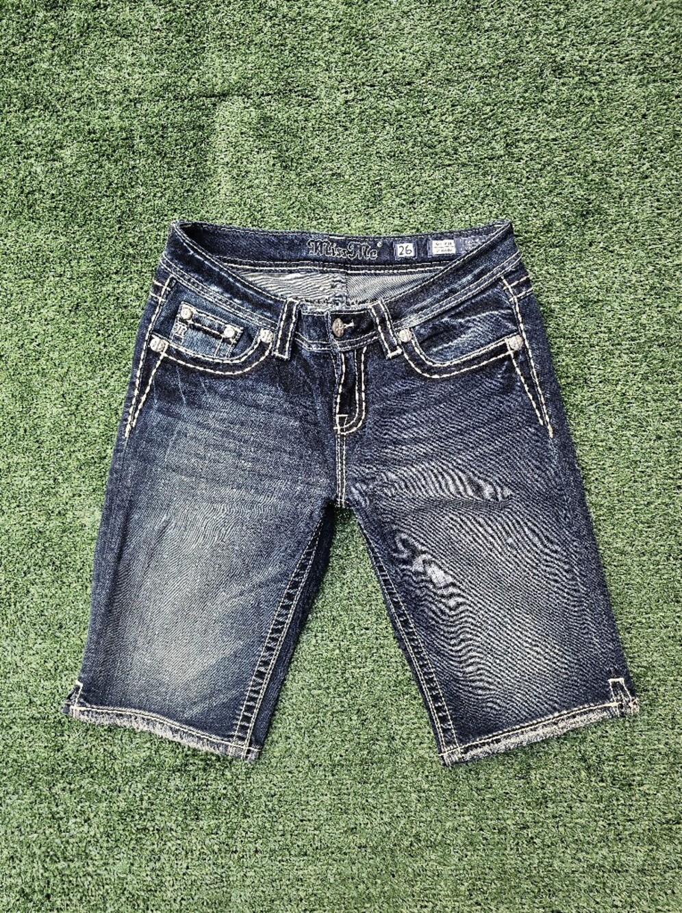 Miss Me Women's Mid Rise Dark Blue Distressed Denim Bermuda Shorts